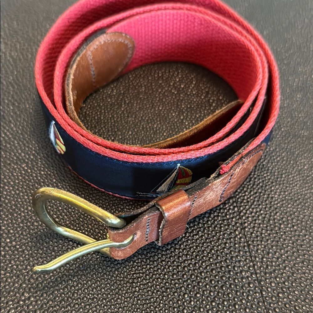 Hand made in Essex.CT Sailboat Fabric/ Leather Belt with Brass Buckle size 36